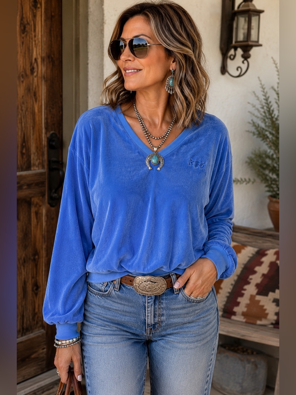 Sergio Valente V-Neck blue velour Sweater - Picture 8 of 8